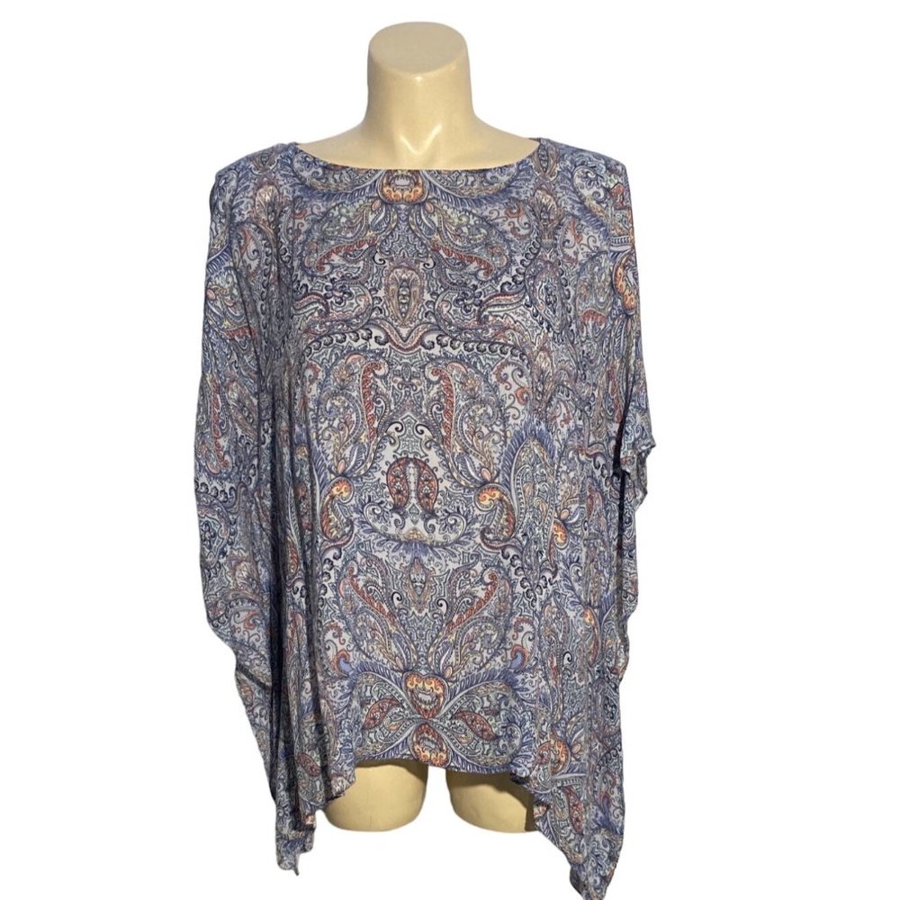 J Jill M Tunic Top Poncho Blouse Cover Up Light Blue Pink Peach Paisley Oversize